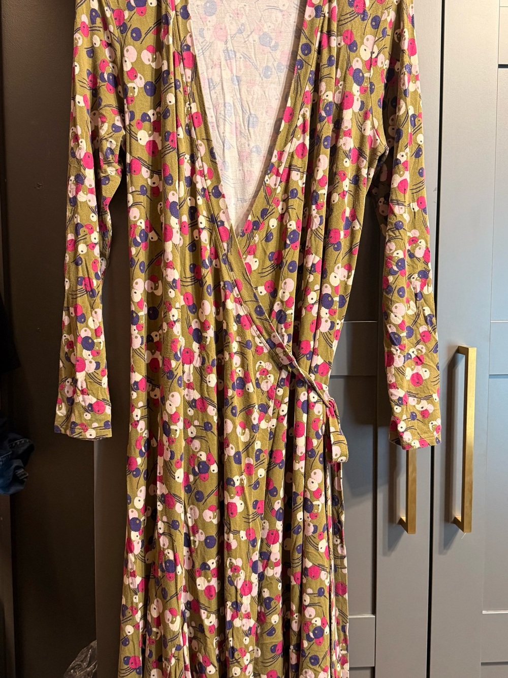 Boden Olive Wrap Midi Dress with Pink, White & Blue Dot Print